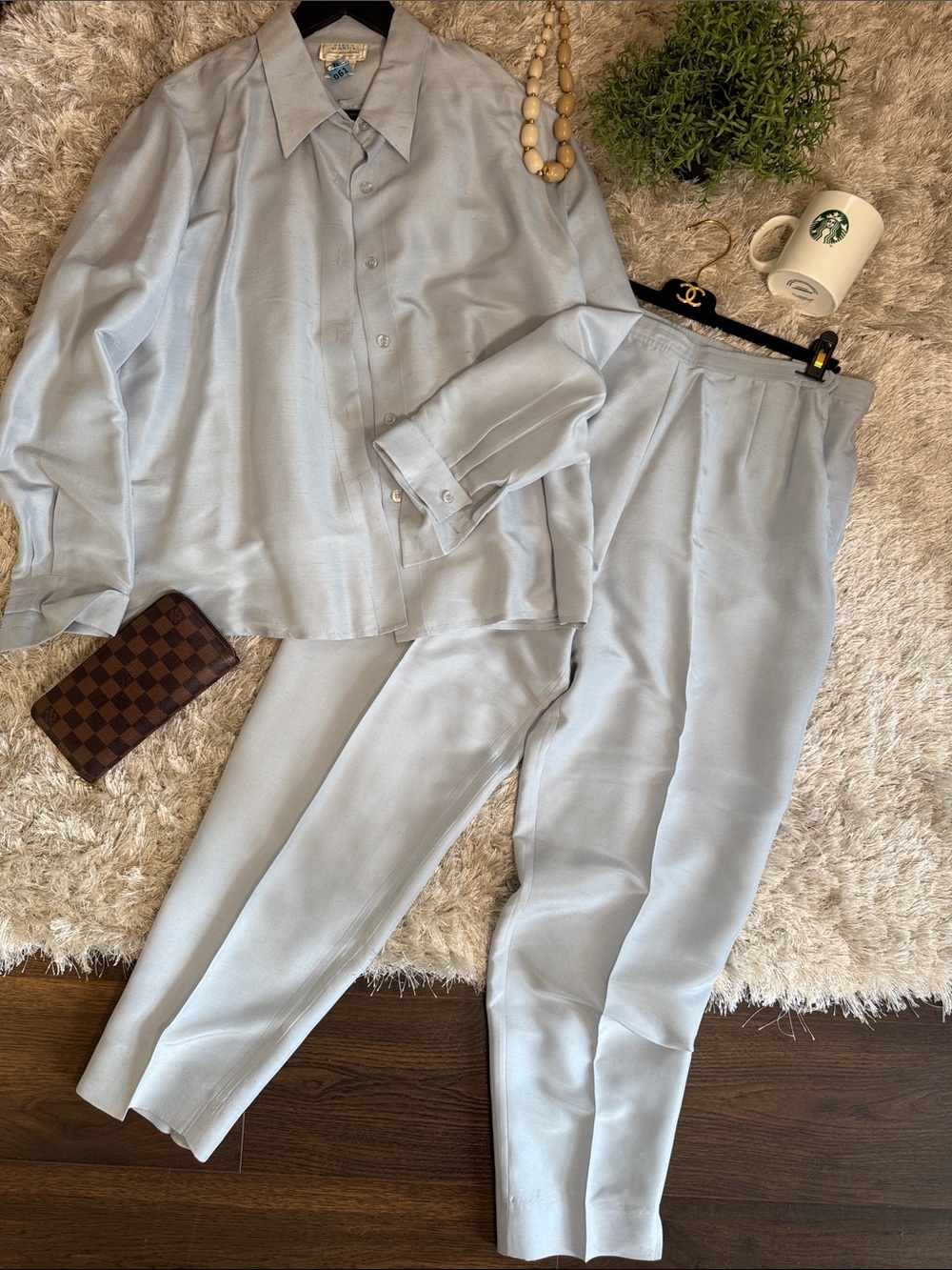 EUC 3-Piece Set Vintage Field Manor Baby Blue 100% Silk Size 14/XL/16